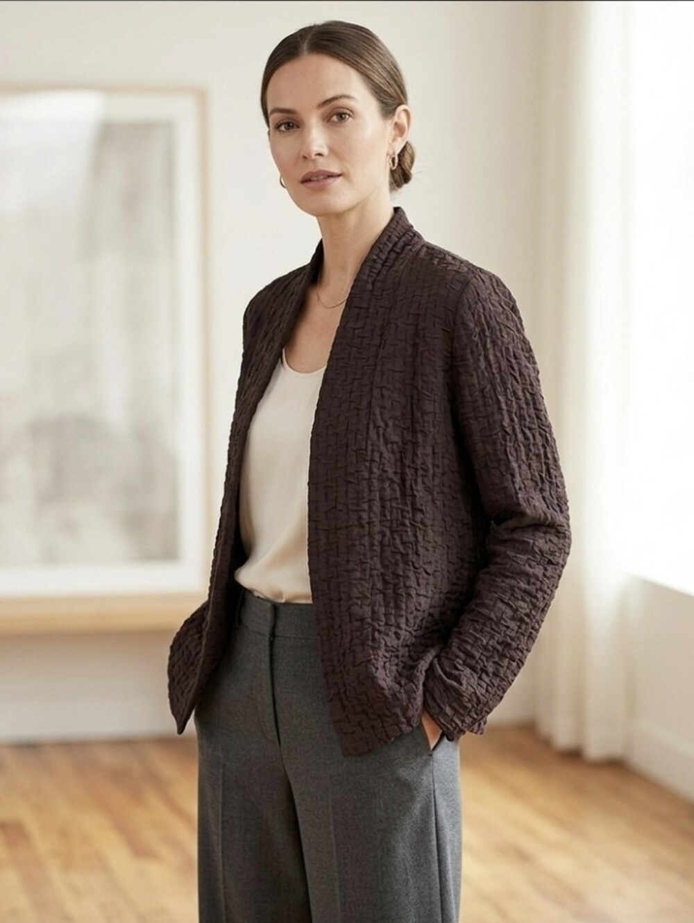Eileen Fisher Silk/Linen Blend Textured Open Front Blazer Dark Brown Size PP